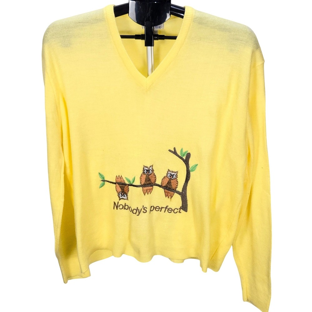 Women's VTG Trends For Her XL Yellow Owl Embroidered V-Neck Novelty Knit Sweater